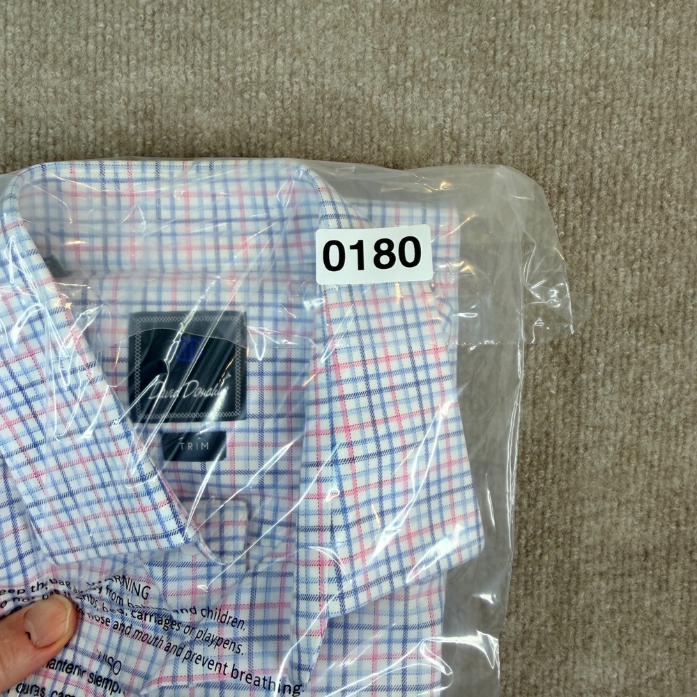 David Donahue Mens Dress Shirt 16 1/2 34/35 Blue Pink Plaid Cotton Trim Fit - Picture 15 of 15